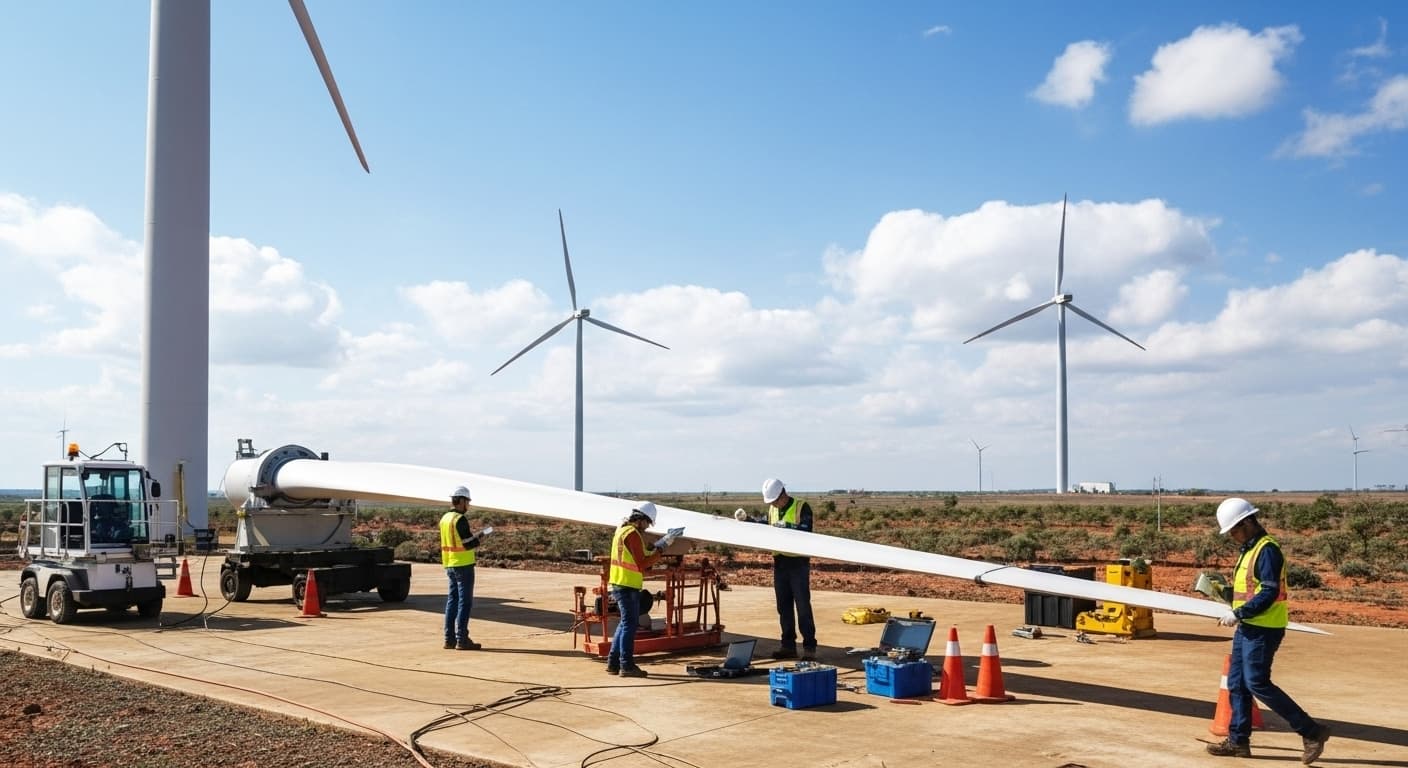 Wind turbines spinning along a coastline during sunset.