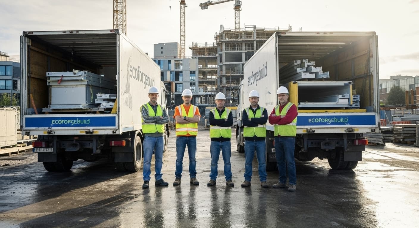 Eco-friendly construction trucks staged on site at sunrise.